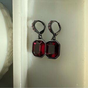 Vintage Givenchy Ruby Red Crystal Drop Earrings Gunmetal Signed